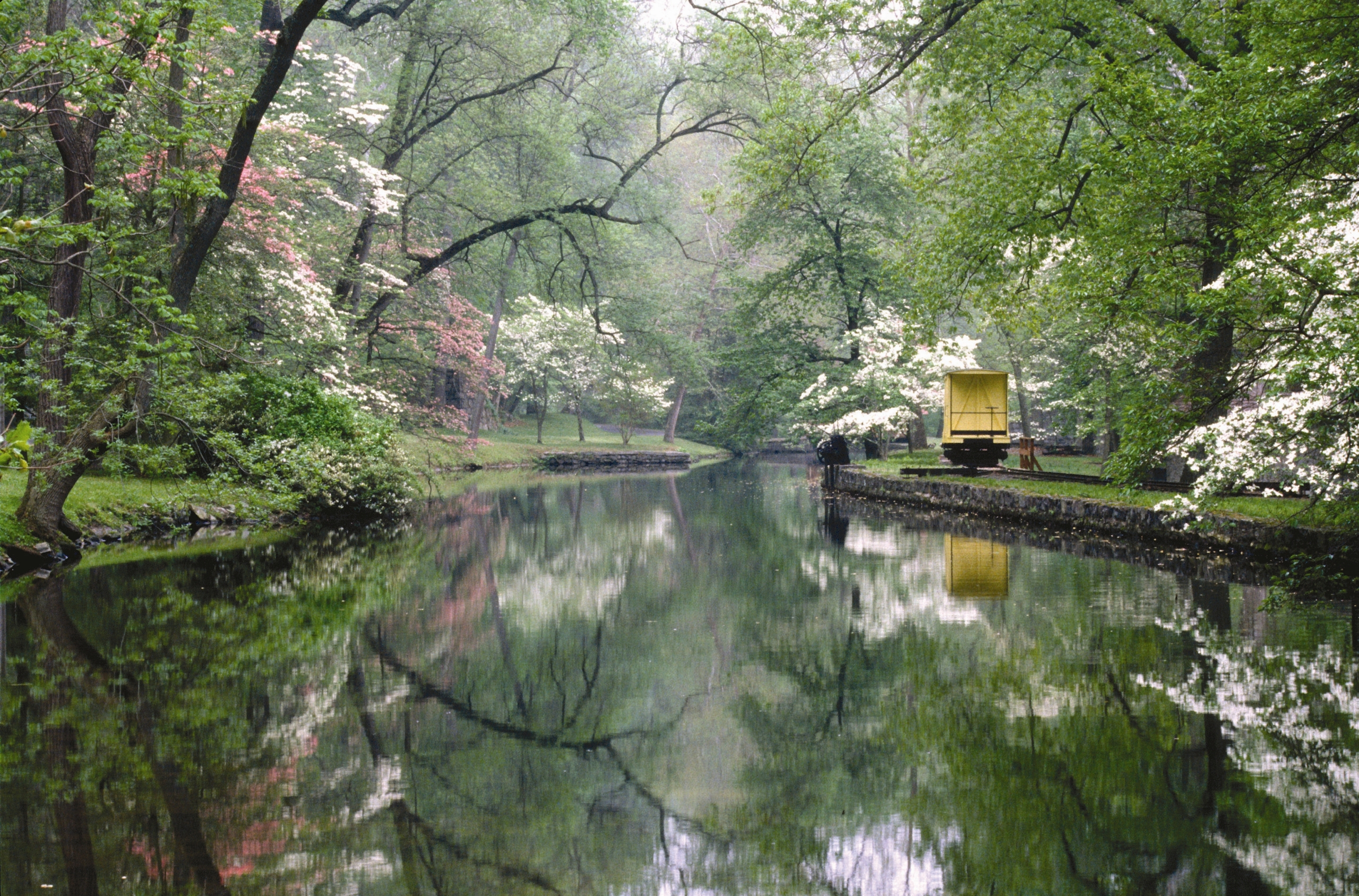 Delaware Hagley Museum의 나무와 꽃이 비치는 수로와 돌로 쌓은 가장자리